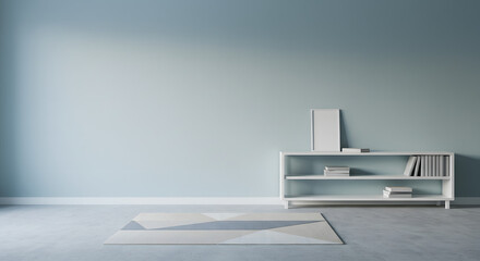 Modern empty room with a pale blue wall, white console table, and geometric rug. Scandinavian style interior for background or presentation.
