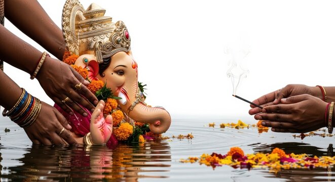 Ceremonial Immersion of Lord Ganesha Idol During Festive Ganesh Chaturthi Celebration
