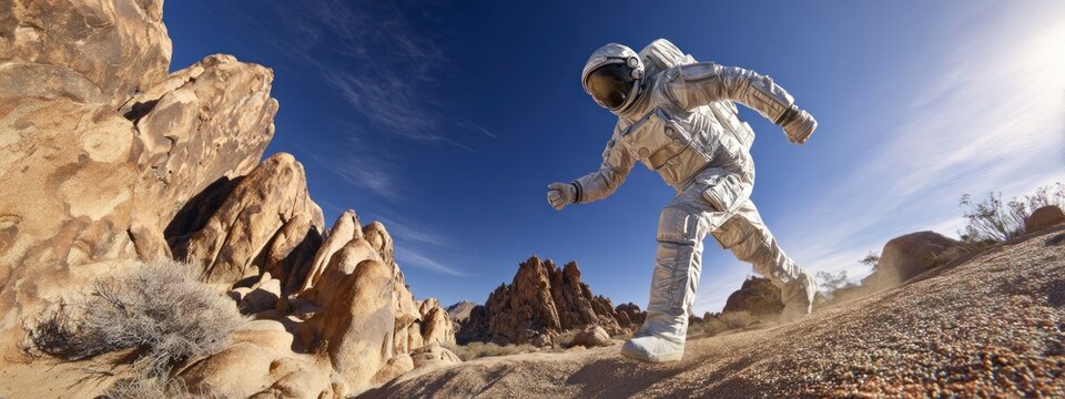 astronaut wearing a next-generation space suit during field testing in a harsh Earth environment simulating space conditions, rocky desert terrain. banner 