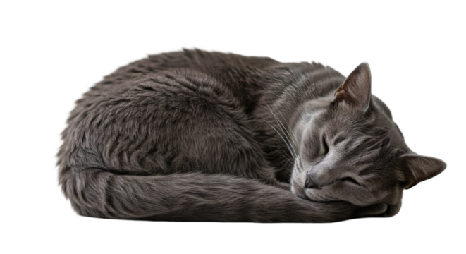 Gray cat curled up asleep against a black backdrop.