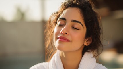 Young Woman Enjoying Relaxing Spa Day with Calm Expression and Natural Light.