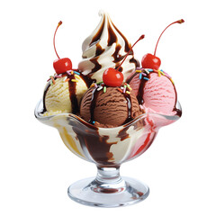 Delicious ice cream sundae with chocolate syrup and cherries presented in a glass