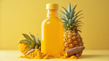 Bottle of yellow juice surrounded by pineapple, turmeric root, and turmeric powder on a yellow background.