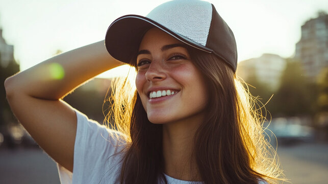 Young woman wearing a baseball cap, smiling outdoors - Powered by Adobe