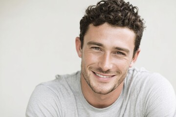 Obraz premium Smiling young man with curly hair and white shirt in bright indoor setting.