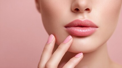 Obraz premium Close-up of a woman's lips fingers and skin with natural makeup and soft pink background.