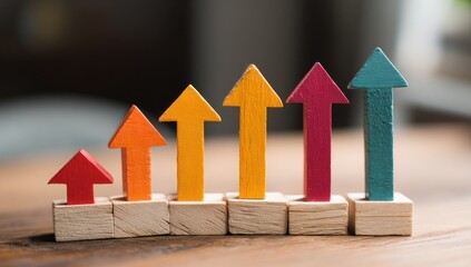 Colorful wooden upward arrows on small blocks arranged in a gradient.
