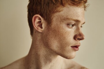 Obraz premium Close-up profile of thoughtful young red-haired man with freckles looking contemplative.