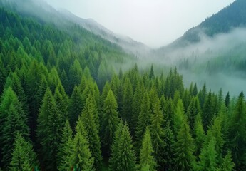 Fototapeta premium A Serene Aerial View of Lush Green Coniferous Forests Nestled Amidst Misty Mountains and Rolling Fog, Capturing Nature's Tranquility and Majesty