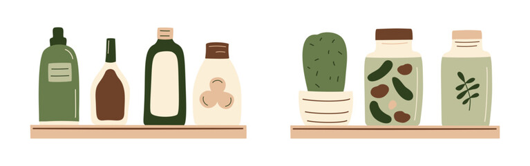 Canned food, cactus and bottles products on shelf. Meal preserved in a glass jar from supermarket or farmer market in zero-waste packaging for eco-friendly design. Vector illustration in organic flat