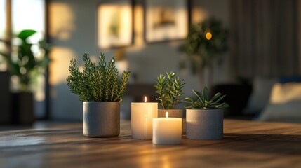 A detailed mockup of a set of candles and small potted plants arranged on a coffee table, AI Generative.
