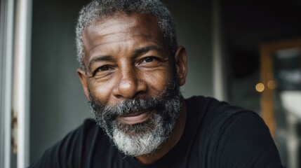 Close-up portrait of a mature African American man with gray beard smiling indoors.