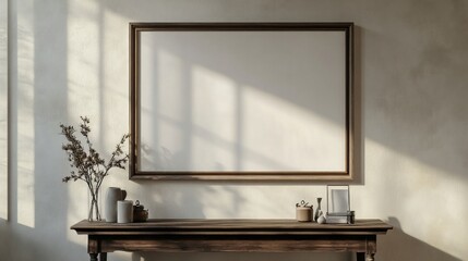 A high-definition mockup of a large framed artwork on the wall above a vintage wooden console table, AI Generative.