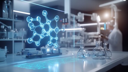 A mockup of a clean, futuristic lab where professionals work with interactive 3D holograms of molecular structures,