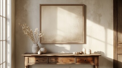 A high-definition mockup of a large framed artwork on the wall above a vintage wooden console table, AI Generative.
