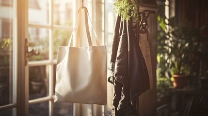 A high-resolution photorealistic mockup of a custom-printed tote bag hanging on a vintage coat rack in a sunlit room, AI Generative.