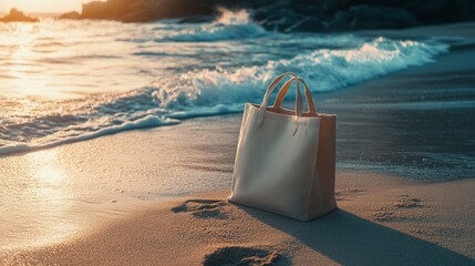 A hyper-realistic mockup of a tote bag resting on a sandy beach, AI Generative.