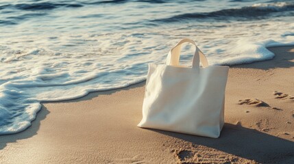 A hyper-realistic mockup of a tote bag resting on a sandy beach, AI Generative.