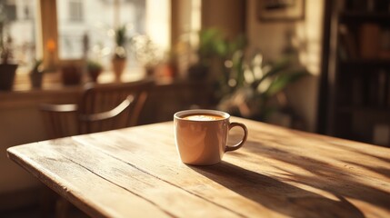 A photorealistic mockup of a custom-designed mug on a wooden table in a cozy coffee shop, AI Generative.