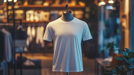 A photorealistic close-up mockup of a T-shirt on a mannequin in a modern boutique, AI Generative.