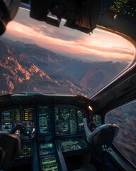 pilot cockpit view during planetary landing, with rocky surface of  alien planet. Technology supports interstellar travel and descentphase operations.