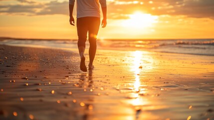 A person walking on the beach at sunset, with a golden glow and soft lighting, AI Generative.