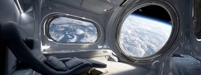  space station cabin with ergonomic chair for relax and large panoramic window with view of Earth. futuristic architecture and scientific atmosphere. banner 