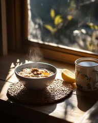 cozy, breakfast concept, creamy oatmeal with honey and walnuts , glass of tea with lemon slice on wooden table, near window with morning light.