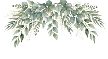 Illustration of a decorative arch of eucalyptus leaves and delicate gold accents