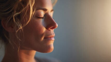 Fototapeta premium Woman with closed eyes enjoying sunset light on face in calm peaceful moment outdoor.