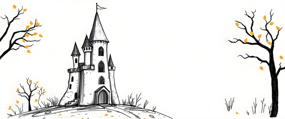 Spooky castle pencil sketch on white, autumnal Halloween background with empty space