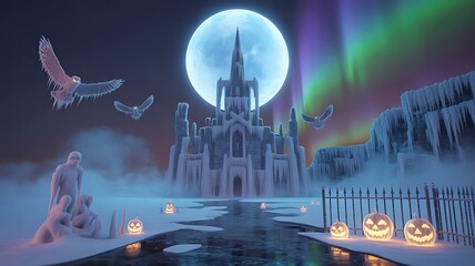 A frozen castle stands under a full moon with glowing pumpkins and the aurora
