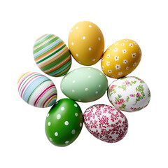 Fototapeta premium Colorful Easter Eggs with Various Patterns and Designs Arranged in a Pleasing Circular Display on a White Background