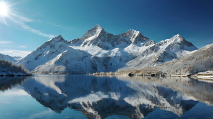 3D render of snow-capped mountains under a bright blue sky with a reflective alpine lake in the foreground