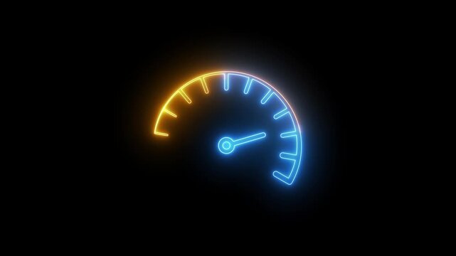Neon Speedometer, tachometer icon 4k video animation on black background. Bright Speedometer indicator icon. Fast speed sign. Internet car speed. Rating Speed Meter animation. Car speed, fuel.