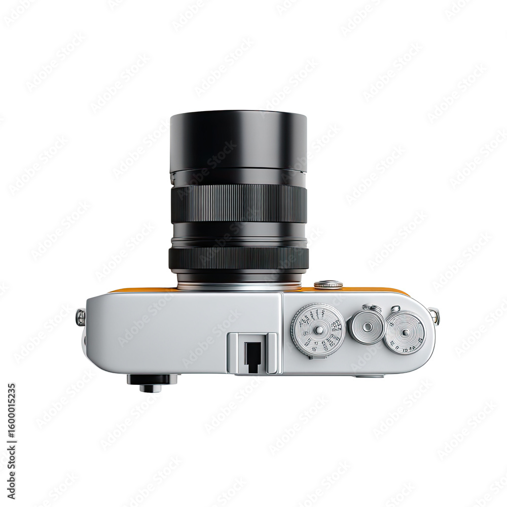Poster stylish modern camera with black lens and controls captured from side view on isolated background