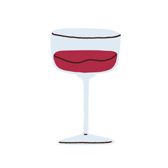 Wineglass with alcohol. Red wine beverage in stemmed goblet. Alcoholic drink in stemware, drinkware, glass vessel for party celebration. Flat vector illustration isolated on white background