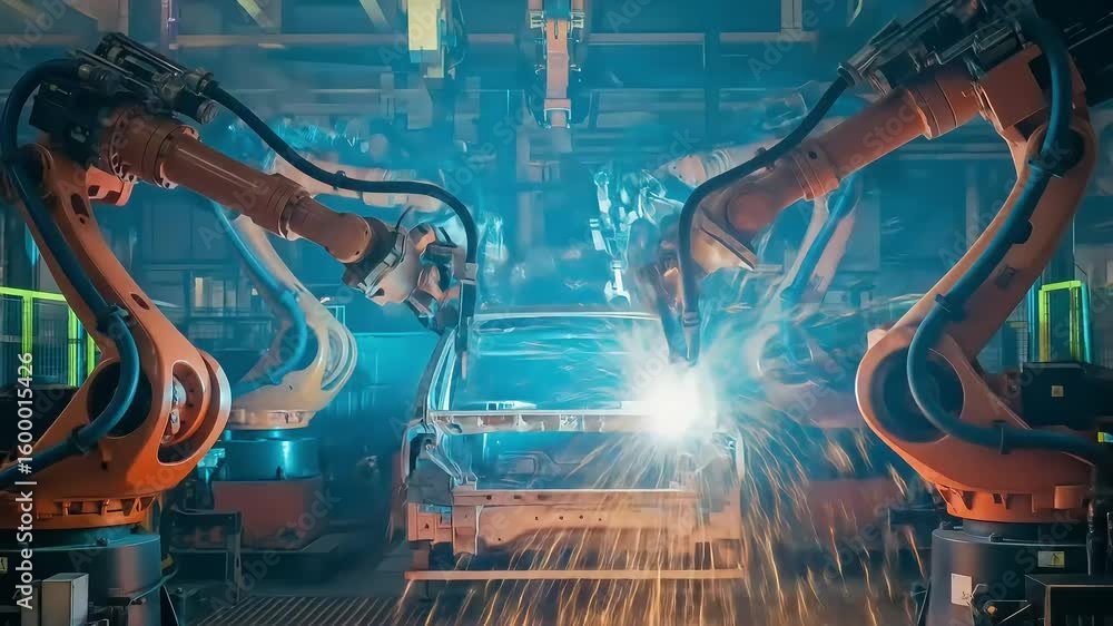 Poster automated robotic arms precisely welding a car frame in a modern industrial factory setting.