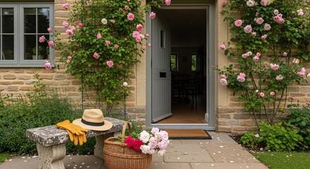 Charming cottage entrance with climbing roses and garden accessories for home and garden inspiration