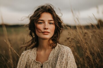 Fototapeta premium Portrait of a young woman with curly hair and natural makeup standing outdoors in tall grass during golden hour.