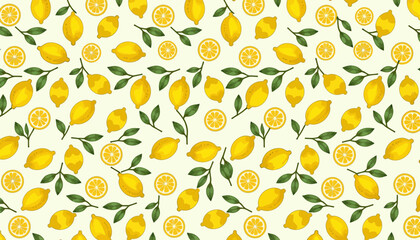 Lemon pattern with yellow fruits and green leaves on cream background  