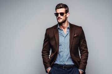 Obraz premium Stylish Man Wearing Sunglasses Brown Blazer Blue Shirt Casual Fashion Portrait.