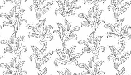 Floral pattern in black and white with detailed lily illustrations  