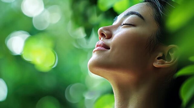 Woman breathing deeply in a lush green environment