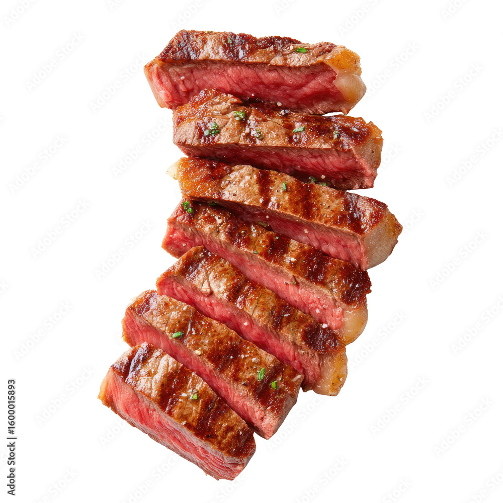 Poster grilled beef steak slices with juicy texture and perfect char on isolated background