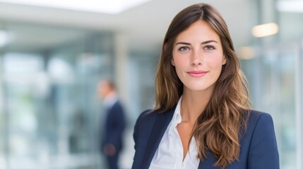 Obraz premium Professional businesswoman with long hair wearing formal suit in modern office.