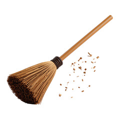 there is a broom with a wooden handle and a pile of wood chips