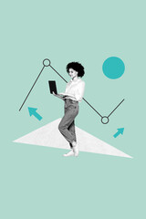 Exclusive image vertical photo collage of happy businesswoman hold laptop progress graph...