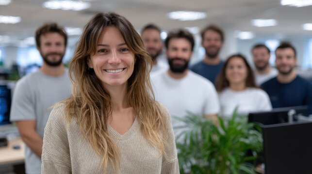 group of professionals stands together in a bright office environment, smiling and looking at the camera