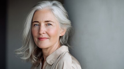 Fototapeta premium Elegant mature woman with gray hair and gentle smile looking directly at camera in bright indoor setting.
